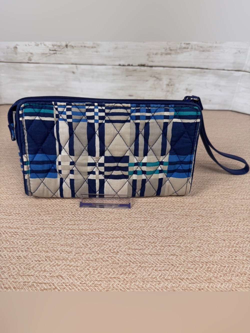 Vera Bradley RFID Front Zip Wristlet Santiago Woven Blue Navy Quilted